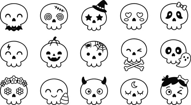 Set of cute hand drawn skulls with various expressions and accessories for halloween designs and gothic style creative projects