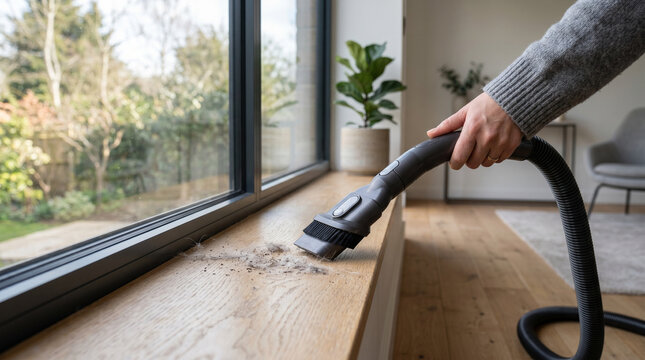 Person vacuuming dust from wooden surface near window in home  