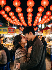 Naklejka premium Romantic Couple Sharing Sweet Moment Under Red Lanterns at Night