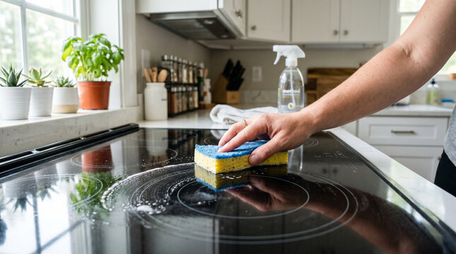 A man cleans a ceramic hob with a sponge and a spray bottle