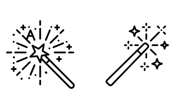 Set of two magic wand icons with sparkling stars and light bursts isolated on a white background
