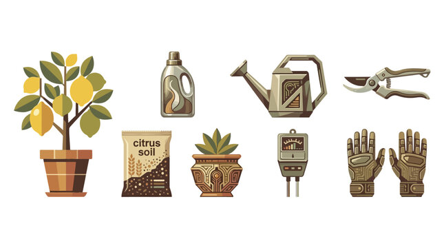 gardening tools and supplies for citrus tree care including watering can, gloves, soil, grafting tools, fertilizer, and potted citrus tree for home gardening