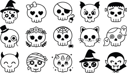 Fototapeta premium Set of cute hand drawn skulls with various costumes and accessories for halloween decorations and festive party design elements