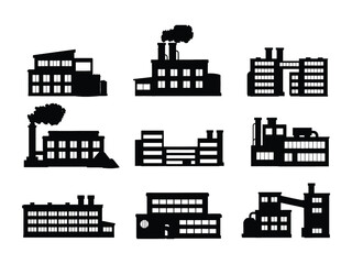 Obraz premium Set of factory and industrial building icons with chimneys and smoke emitting from the roof for manufacturing and power plants design