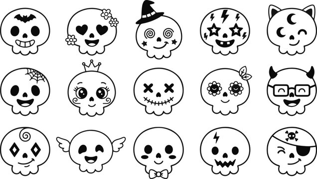 A collection of cute hand drawn skull characters with various expressions and accessories for fun halloween design projects