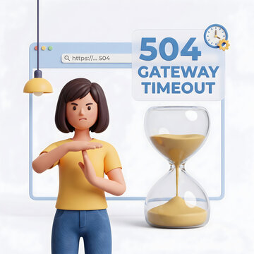 3D girl character showing timeout gesture with hourglass concept
