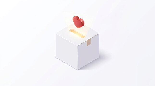 Isometric 3D heart icon falling into white ballot box.