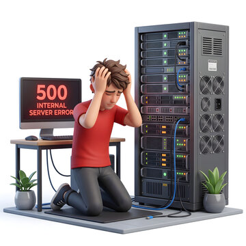 Stressed technician kneeling by server rack with 500 error