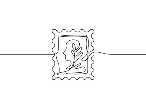 Single line art postage stamp with profile face and leaf symbolizing nature and communication