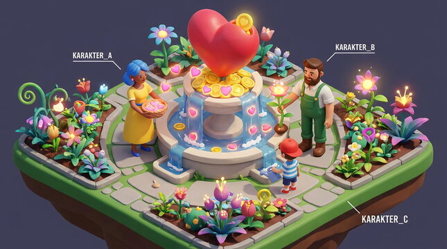Isometric garden diorama with fountain and characters.