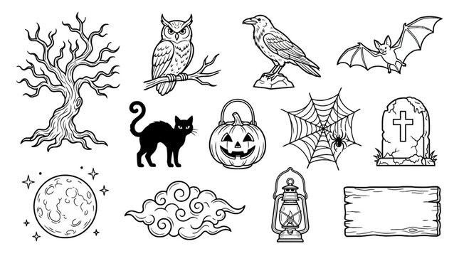 Halloween themed coloring page with bats, black cat, owl, moon, spiderweb, tombstone, jack-o'-lantern, ghost, lantern, tree, clouds, and spooky elements, suitable for children