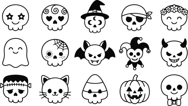 Set of cute hand drawn halloween doodle icons featuring skulls ghosts pumpkins and various spooky holiday themed characters