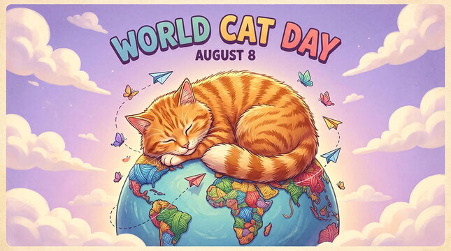 Illustration of sleeping cat on earth for World Cat Day.