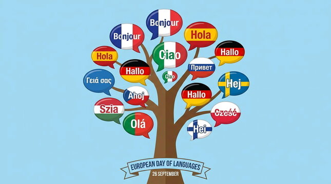 Language tree with multilingual greetings and European flag.