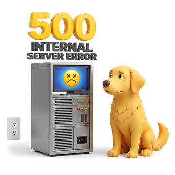 Sad puppy near a server rack with 500 internal error, computer