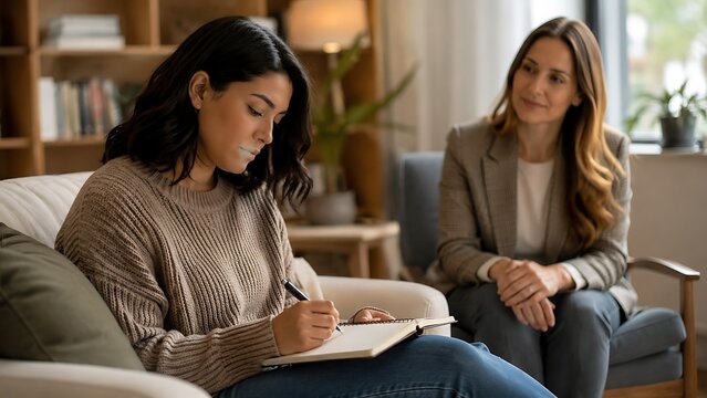 Young Woman Journaling During Mental Health Therapy Session With Supportive Psychologist