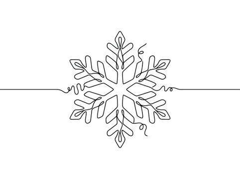 a single continuous black line drawing of a snowflake on a white background with a winter feeling