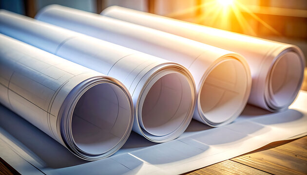 Rolled up blueprints on wooden table.