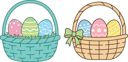Two colorful easter baskets filled with decorated eggs line art illustration silhouette