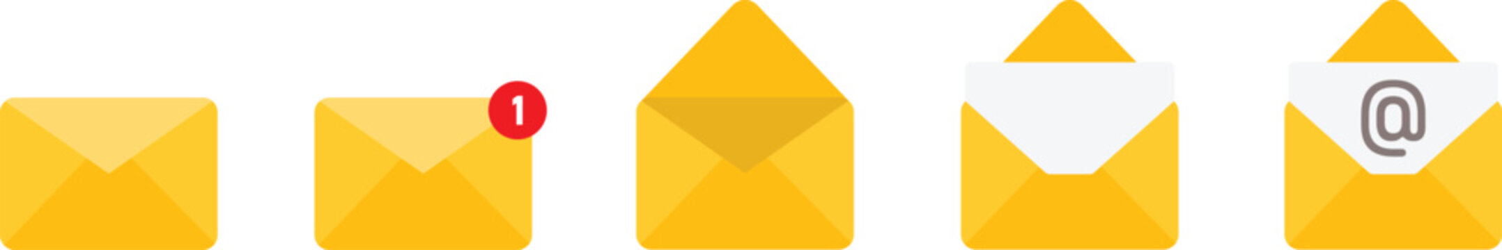 Message icon set. Closed, open and notification envelopes in outline, solid and colored styles vector. Email message set for inbox, documents, contacts and postal communication tasks sign.