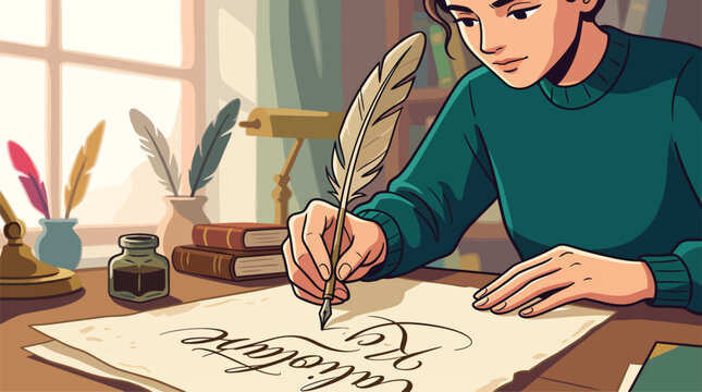 Young Woman Practicing Calligraphy with Quill Pen at Desk, Artistic Writing and Creative Hobby, Elegant Script Composition