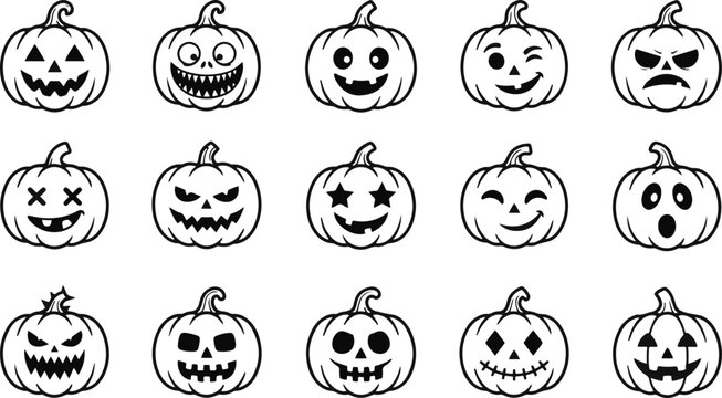 A collection of fifteen hand drawn pumpkin jack o lantern faces with various spooky and funny expressions for halloween