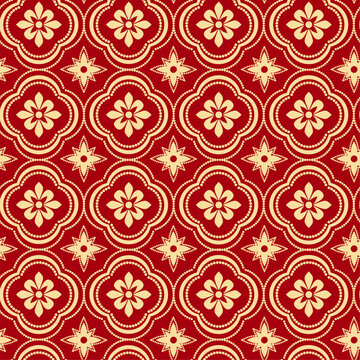 A rich red seamless design with an exquisite gold Chinese floral pattern.
