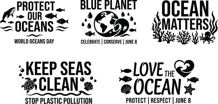 Premium black and white silhouette collection set of ocean conservation quotes and marine life graphic design elements