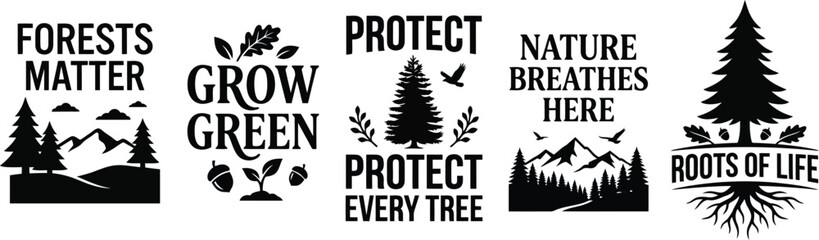 Premium black and white silhouette collection set of nature inspired typography designs featuring trees and environmental conservation slogans © MstHasna