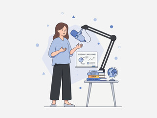 Fototapeta premium A woman presents online education while teaching learning concepts with digital media and a globe