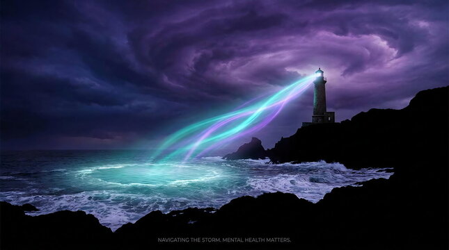 Lighthouse beam shining through purple storm clouds over ocean.