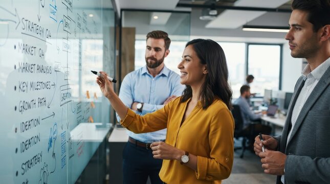 Business team brainstorming strategy and growth plans on a glass whiteboard