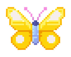 Obraz premium Pixel art illustration of vibrant yellow butterfly character winged insect nature graphic element retro digital video game design asset vector