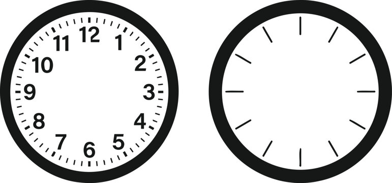 Two black clock faces with numbers and hands on a white background silhouette