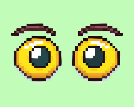 Pixel art illustration of wide open yellow cartoon eyes character emotion look retro digital video game face avatar design asset vector
