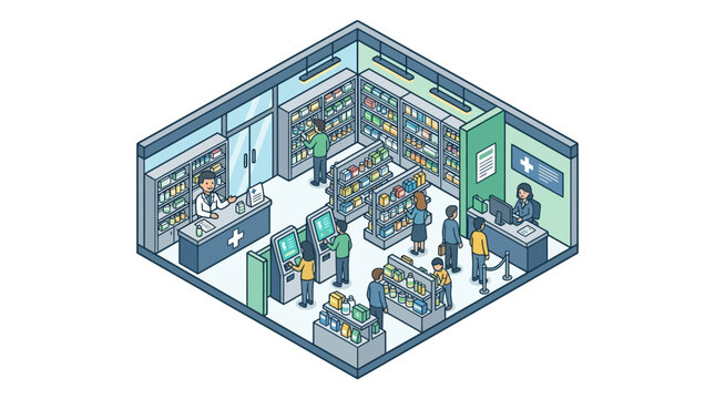 A busy isometric pharmacy interior with customers and staff