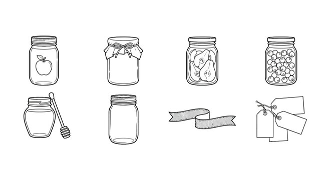 Illustration of glass jars, honey dipper, tags, and ribbon for food preservation, jam, or herbal medicine packaging, black and white line drawing with SEO optimized keywords