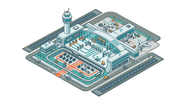 A detailed isometric illustration of a modern airport terminal
