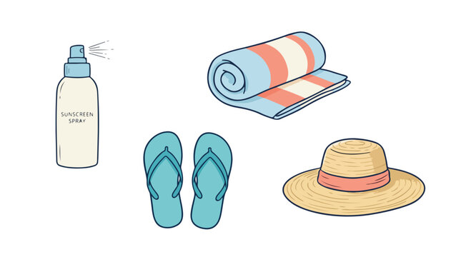 Beach essentials sunscreen bottle towel sandals and straw hat vector illustration