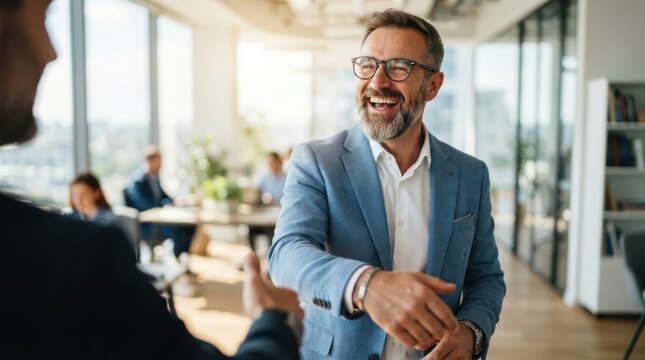 Professional businessman shaking hands with a colleague in modern office