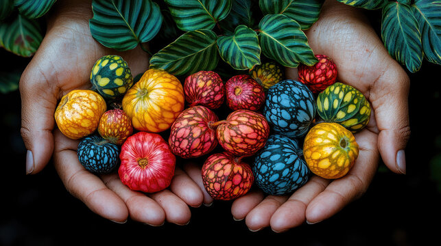 Hands holding colorful, exotic, textured fruits or seed pods with green leaves in the background