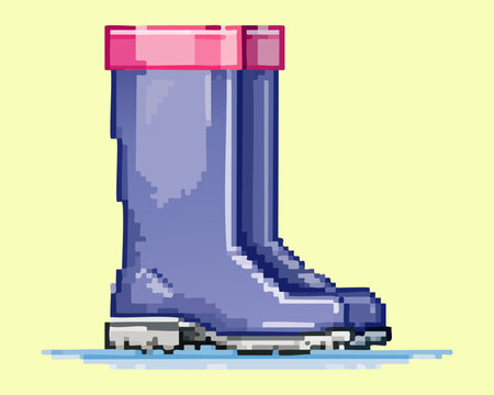 Purple waterproof rubber boot pixel art vector graphic for outdoor rainy day footwear design and vintage game equipment item illustration