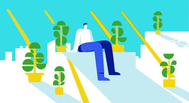 Minimalist flat vector of man sitting on rooftop ledge with plants in sunlight.
