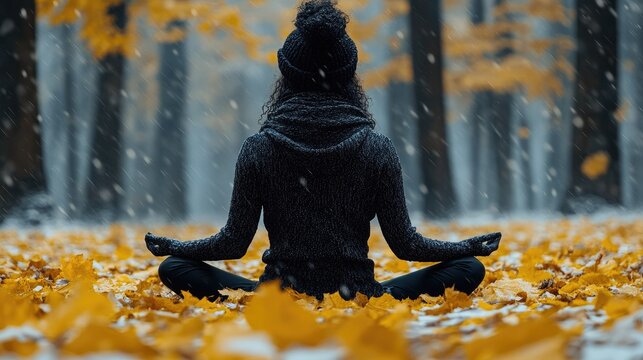Serene Person Meditating in Autumn Snowfall, Sitting Cross-Legged in Yellow Leaves, Peaceful Winter Scene