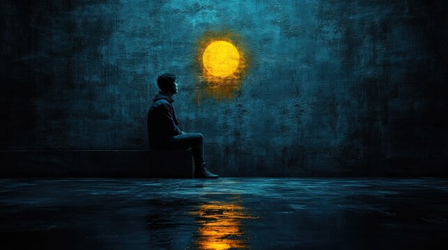 Solitary figure illuminated by a glowing sun symbol on a textured wall with water reflection, symbolizing hope and introspection.