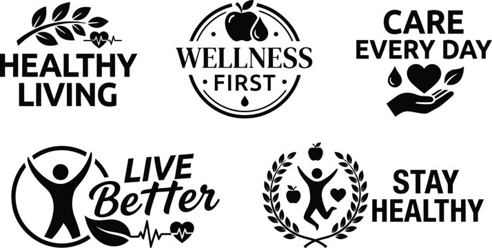 Premium black and white silhouette collection set of healthy living wellness and fitness motivational badges and logos