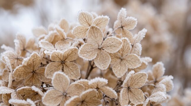 Close up of dried hydrangea flower heads covered in delicate white frost crystals against a soft blurred background in a winter garden setting