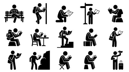 Obraz premium Stick figures engaged in reading activities in diverse settings.