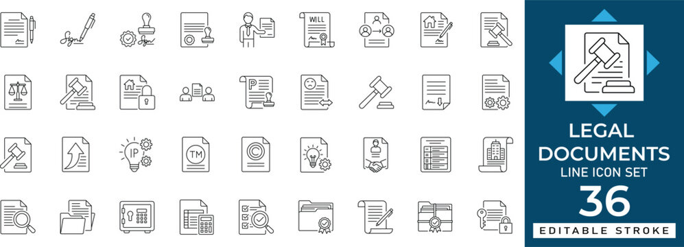 Legal documents line icon set with contract, law, agreement, certificate, policy, signature for editable stroke vector illustration