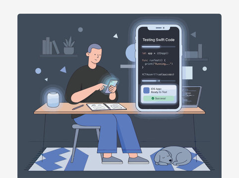 Man with dog tests Swift code on phone while working at desk at night with laptop